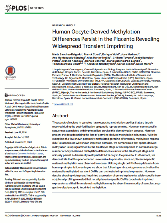 Sanchez-Delgado, Marta, et al. 'Human Oocyte-Derived Methylation Differences Persist in the Placenta Revealing Widespread Transient Imprinting.' PLoS Genet 12.11 (2016): e1006427.