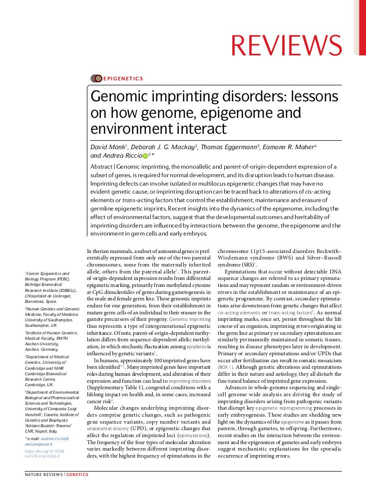Monk, David, et al. 'Genomic imprinting disorders: lessons on how genome, epigenome and environment interact.' Nature Reviews Genetics 20.4 (2019): 235-248.