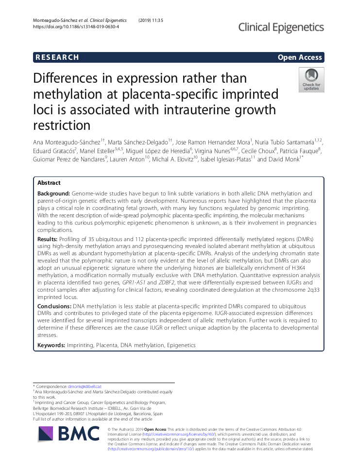 Monteagudo-Sánchez, Ana, et al. 'Differences in expression rather than methylation at placenta-specific imprinted loci is associated with intrauterine growth restriction.' Clinical epigenetics 11.1 (2019): 35.