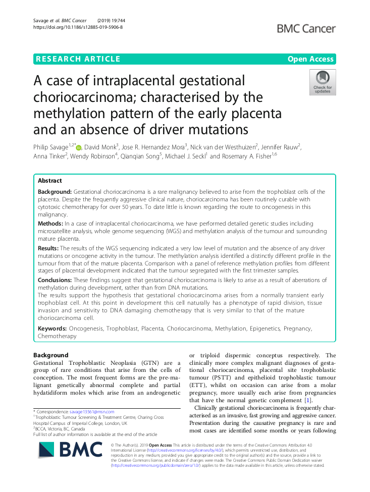 Savage, Philip, et al. 'A case of intraplacental gestational choriocarcinoma; characterised by the methylation pattern of the early placenta and an absence of driver mutations.' BMC cancer 19.1 (2019): 744.