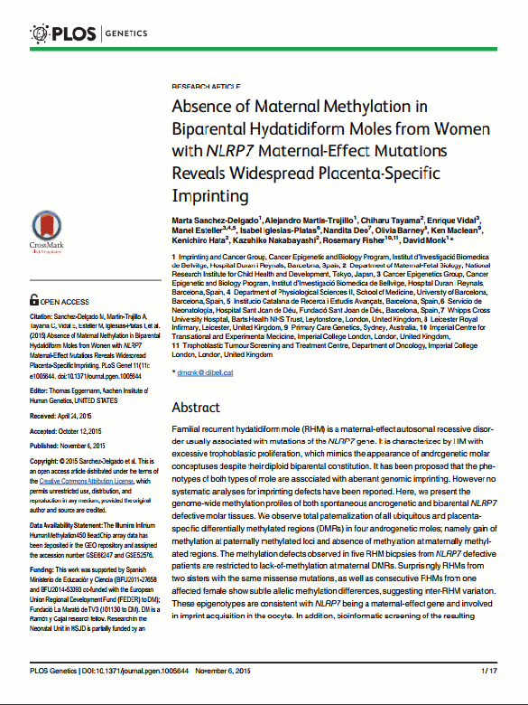 Sanchez-Delgado, Marta, et al. 'Absence of maternal methylation in biparental hydatidiform moles from women with NLRP7 maternal-effect mutations reveals widespread placenta-specific imprinting.' PLoS Genet 11.11 (2015): e1005644.