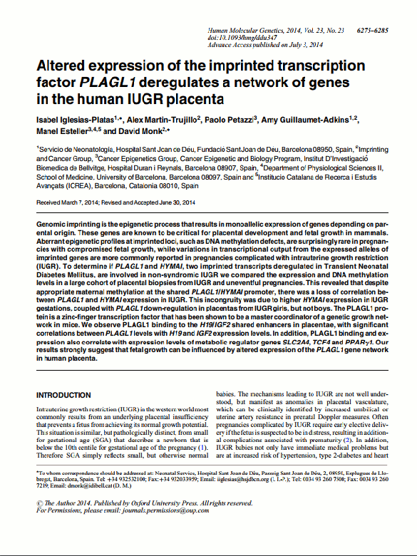 Iglesias-Platas, Isabel, et al. 'Altered expression of the imprinted transcription factor PLAGL1 deregulates a network of genes in the human IUGR placenta.' Human molecular genetics 23.23 (2014): 6275-6285.