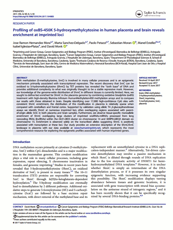 Hernandez Mora, Jose Ramon, et al. 'Profiling of oxBS-450K 5-hydroxymethylcytosine in human placenta and brain reveals enrichment at imprinted loci.' Epigenetics 13.2 (2018): 182-191.