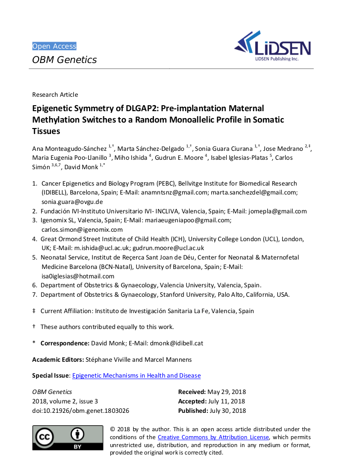 Monteagudo-Sánchez, Ana, et al. 'Epigenetic symmetry of DLGAP2: pre-implantation maternal methylation switches to a random monoallelic profile in somatic tissues.' OBM Genetics 10 (2018).